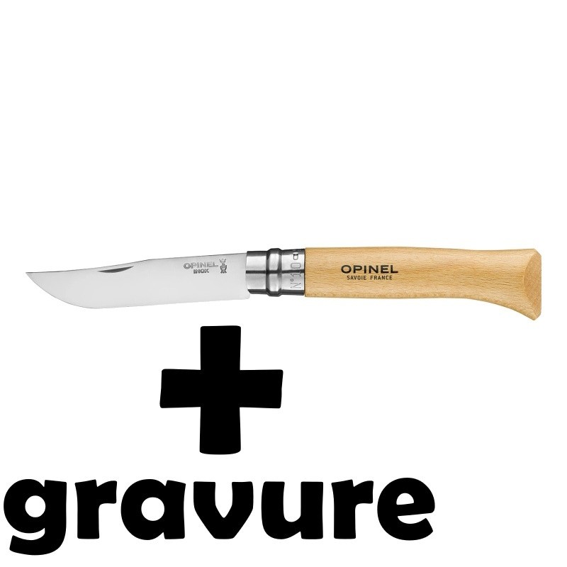 Couteau Opinel N°10 inox gravé avec gravure sur manche en bois