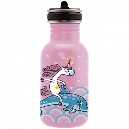 Gourde inox enfant pour fille Laken Basic Steel 0,5L rose avec licorne et bouchon Flow